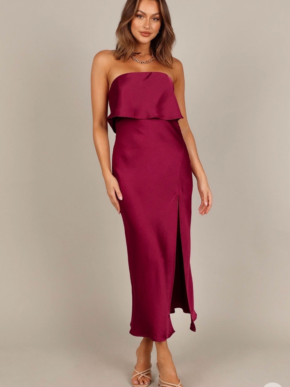 Strapless Satin Midi Dress in Berry